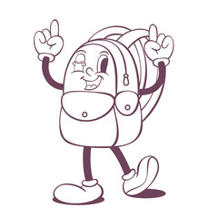 Retro groovy backpack line art mascot, funky 70s character