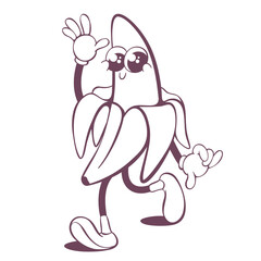 Retro groovy banana line art mascot, funky 70s character