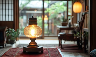 A warm vintage lamp with an intricate design illuminates a cozy interior space