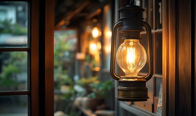 Vintage Lantern Light with warm glow indoors next to window and shelves
