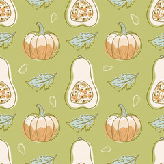 Bright seamless pumpkin pattern, hand-painted. A backdrop for Thanksgiving, the season of vegetables, and vegetarian foods. A print with different pumpkins for wallpaper, textiles, wrapping paper