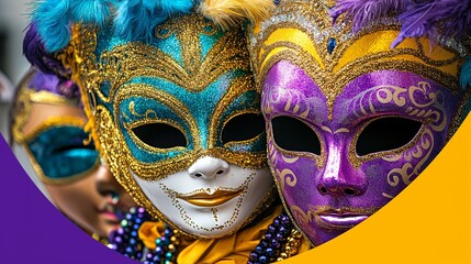 Obraz premium Colorful Mardi Gras masks adorned with glitter and beads, showcasing vibrant designs against a festive backdrop