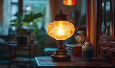 Vintage table lamp with soft light on a wooden table with traditional asian decor and blurred background