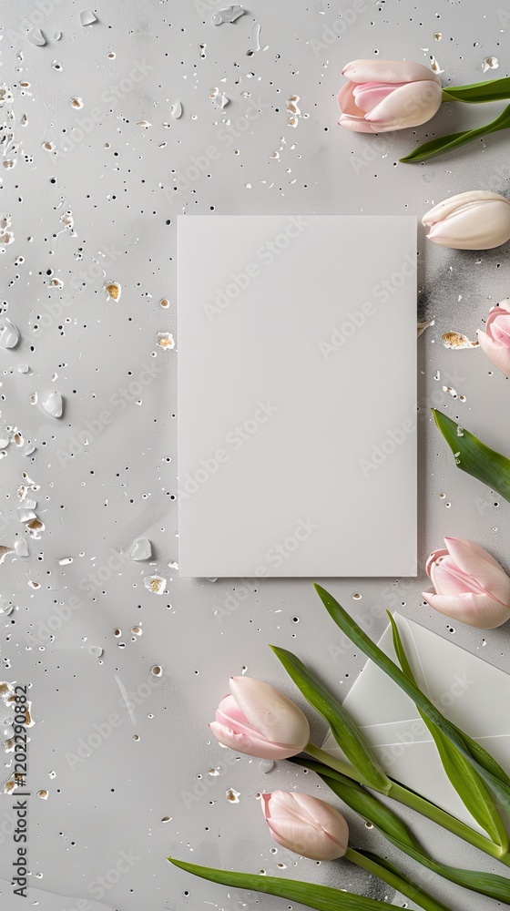 Poster display features a blank a5 white card and envelope accompanied by fresh pink tulips arranged on a g