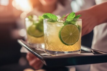 Refreshing cocktails served with mint and lime during a vibrant summer gathering