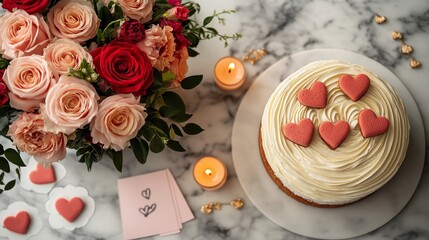 A minimalistic Valentine's Day setup featuring heart-shaped cookies, a vanilla cake, candles, flowers, handmade cards, and a gold necklace on a marble countertop