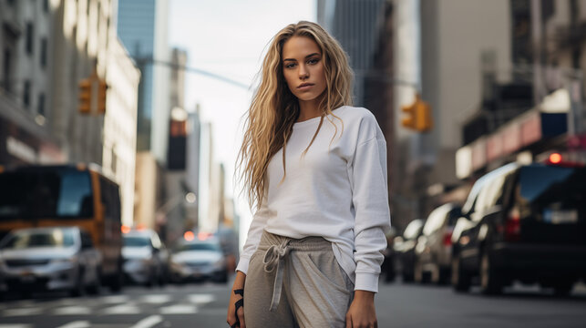 Jolie femme mannequin bien habill&eacute;e dans les rues d'une grande ville am&eacute;ricaine. Femme, fille, f&eacute;minin, mode, mod&egrave;le, usa