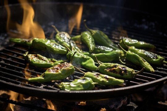 Roasting Hatch Green Chiles Outdoors. Delicious Charred Vegetable Grilled to Perfection