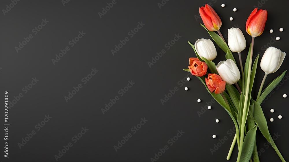Poster vibrant tulips in red, white, and orange populate a border against a black backdrop, creating a stun