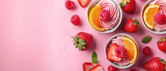 Dessert decorated with cream frosting and raspberries on a gray textured background. Top down aerial view. Dessert and sweet treat concept. Sweet food with ingredient scattering at background. AIG55.
