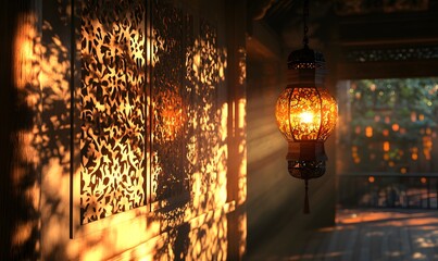 Ornate lantern casts patterns on wooden wall with golden hour light and other lanterns in background