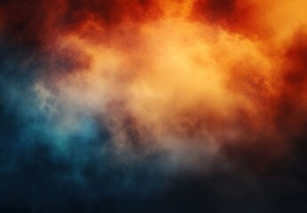 Abstract background with smoke, fog, and clouds in orange, red, and blue colors. Dark background with copy space.