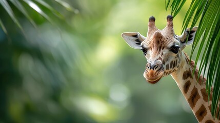 Obraz premium Giraffe observing surroundings in a lush green habitat nature close-up perspective