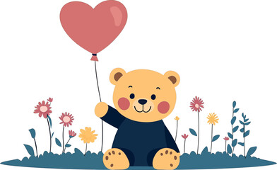 Cute bear holding heart balloon in flat design vector art