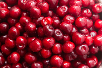 Heap of ripe red sweet cherries, close-up. Cherry background.
