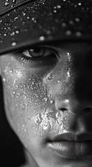 Portrait of an American baseball player with a sweaty face, wearing a black cap, in a stadium