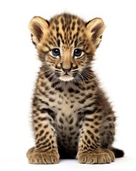 Fototapeta premium Spotted Leopard Cub - Adorable Baby Wild Animal Isolated on White Background