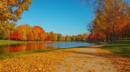 Obraz premium Autumnal Park Scene With Colorful Trees And Pond