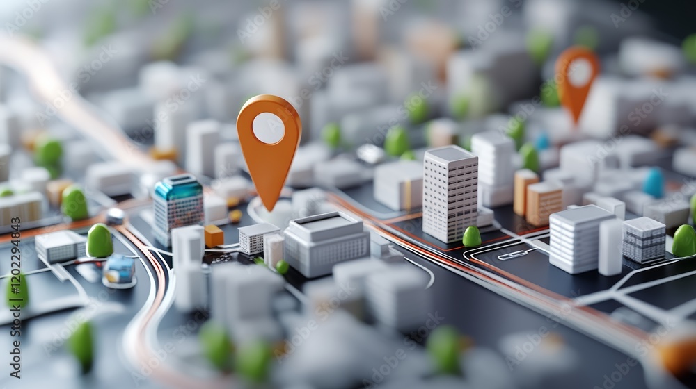 Poster Orange location pin pointing a specific building on a 3d city map with roads, buildings, and trees, symbolizing navigation, gps, and online maps