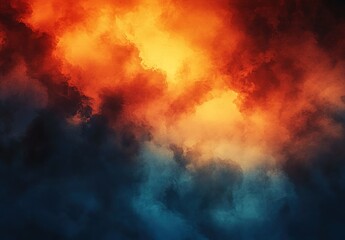 Abstract background with smoke, fog, and clouds in orange, red, and blue colors. Dark background with copy space.