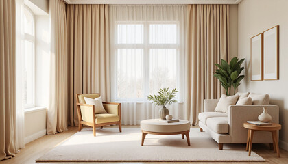 Elegant interior design with soft drapes and neutral tones, home harmony