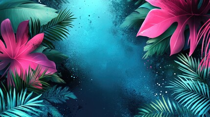 Vivid tropical leaves with pink and green foliage on blue gradient background