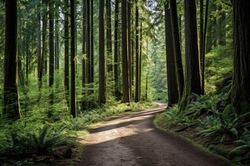 Tranquil Pacific Northwest Forest Trail in Summer - Serene Landscape of Green Trees and Wood Path (3:2 ratio)