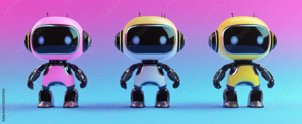 Poster three colorful robots with charming expressions stand against a vibrant gradient background. each ro