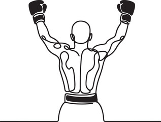Vector Line Drawing of Boxer Raising Arms in Victory