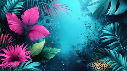 Vibrant tropical jungle background with pink and green foliage
