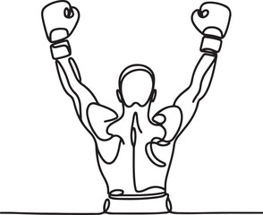 Vector Line Drawing of Boxer Raising Arms in Victory