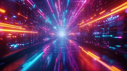 Fototapeta premium Abstract of vibrant line light with digital style effect in futuristic portal style scene with vividness of seamless pattern flowing with speed. Spiral scene perfect for science fiction design. AIG53.