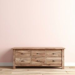 Minimalist wooden dresser against soft pink wall in modern room