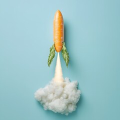 Carrot rocket launching against blue background with smoke and leaves
