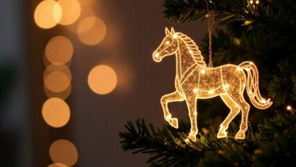 Glowing horse on spruce branches.