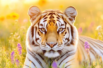 Fototapeta premium Bengal tiger resting in vibrant grass with warm lavender and coral highlights illuminated by evening sunlight
