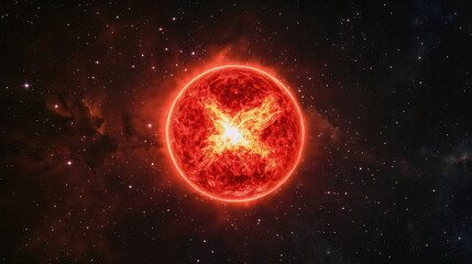 The red star is a phenomenon in the universe that is in an advanced stage of evolution, a red giant star, emitting strong and powerful effects, a glowing red star.