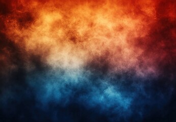 Abstract background with smoke, fog, and clouds in orange, red, and blue colors. Dark background with copy space.
