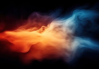 Abstract background with smoke, fog, and clouds in orange, red, and blue colors. Dark background with copy space.