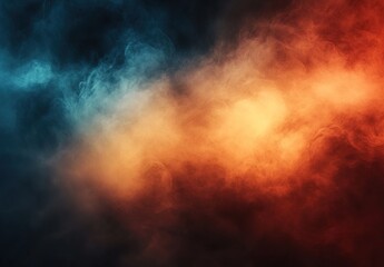 Abstract background with smoke, fog, and clouds in orange, red, and blue colors. Dark background with copy space.