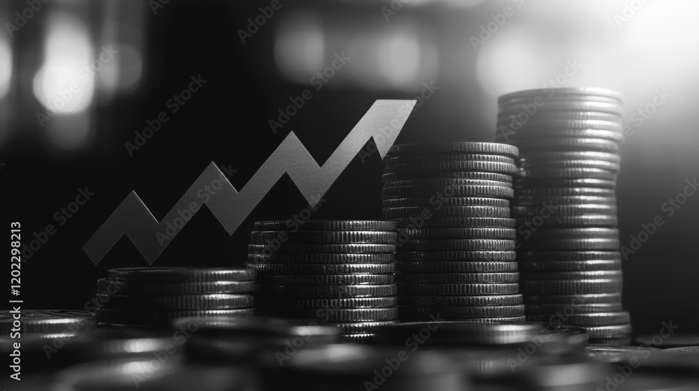 Aufkleber stacks of coins rising in height with an upward trending arrow superimposed, representing successful