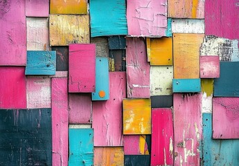 Abstract collage of colorful wood and paper pieces, textured background with distressed edges, vibrant pink hues