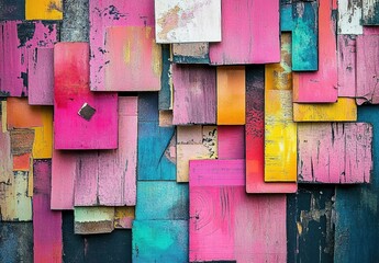 Abstract collage of colorful wood and paper pieces, textured background with distressed edges, vibrant pink hues