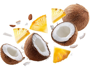 falling Coconut pieces and pineapple pieces isolated on white background, cut out 