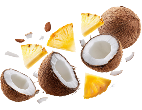 falling Coconut pieces and pineapple pieces isolated on white background, cut out 