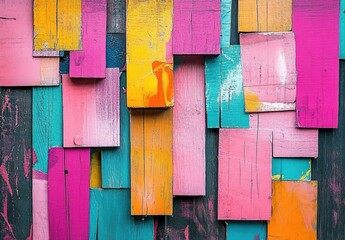 Abstract collage of colorful wood and paper pieces, textured background with distressed edges, vibrant pink hues