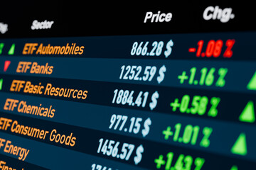 ETF - Exchange Traded Funds, investment vehicle. Trading screen with ETF for different themes. Stock market and exchange, growth, financial advisor. 3D illustration