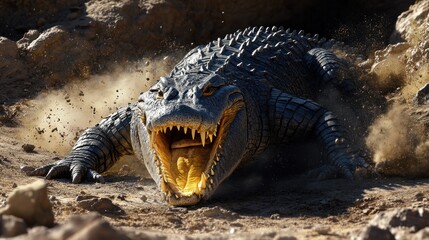 Fototapeta premium Powerful Crocodile Emerging From Dusty Ground
