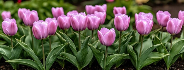 Obraz premium A field filled with vibrant pink tulips stretches under a bright blue sky, capturing the essence of spring. The detailed scene highlights the beauty and freshness of nature in full bloom