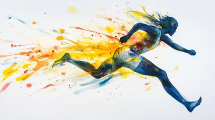 Watercolor painting of an athletic figure in motion, depicted from the side with dynamic lines and colorful splashes, capturing the energy and movement of running or walking on a white background.